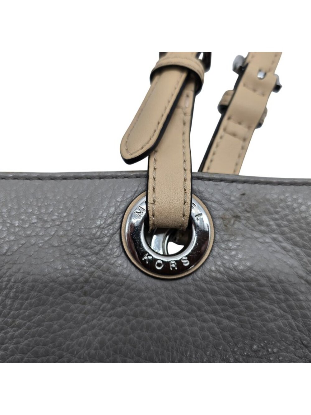 Michael Kors Pebbled Leather Shoulder Tote Bag Gray Taupe Silver Hardware Purse - Picture 7 of 16